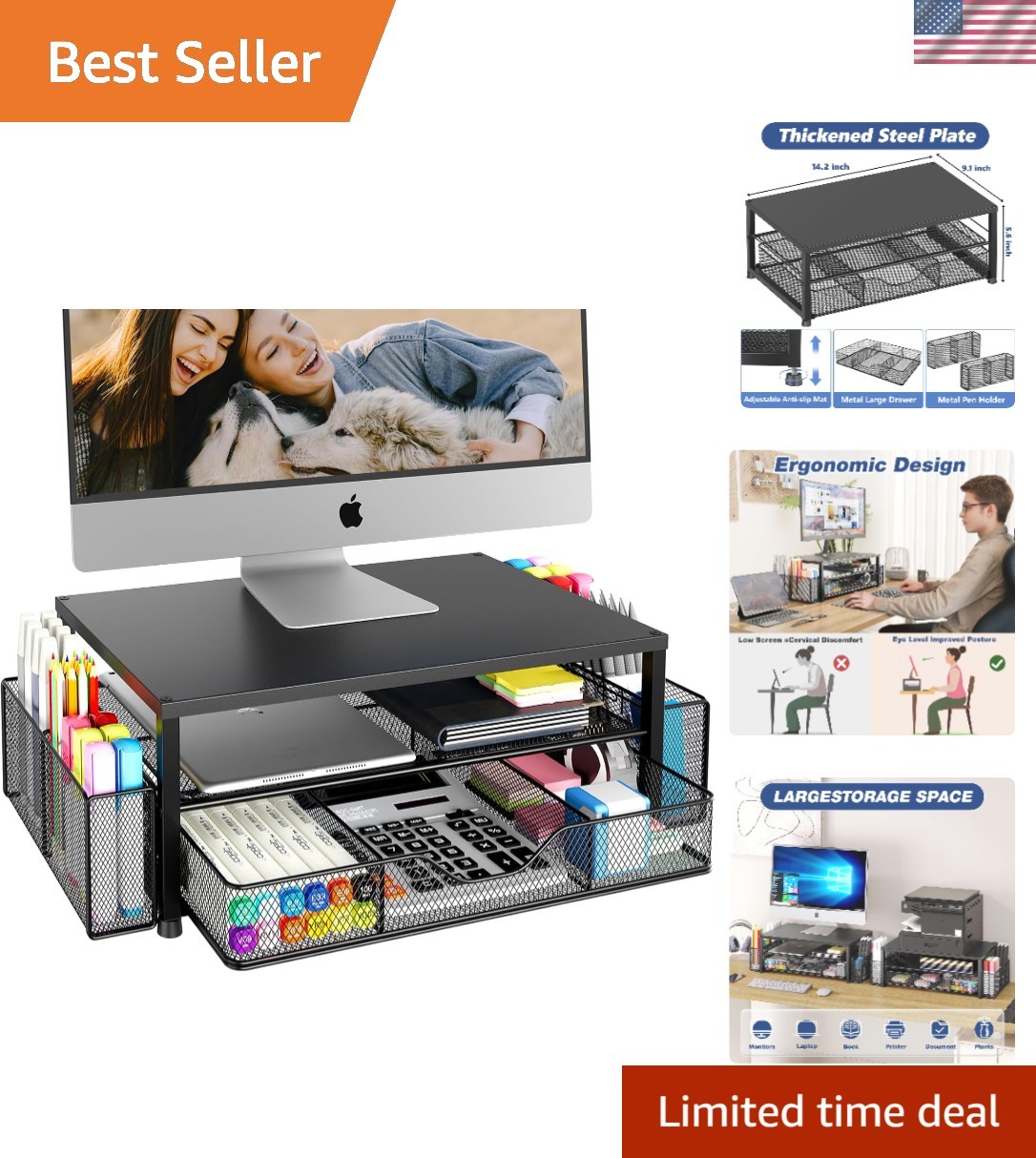 Desk Organizer and Accessories, 2-Tier Riser with Drawer and 2 Pen Holders, L...
