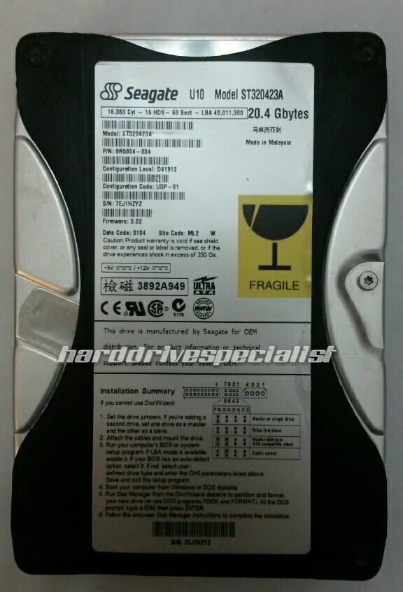 Seagate U10 ST320423A 20.4GB IDE Desktop Drive P/N:9R5004-034 F/W:3.02 Site:ML2