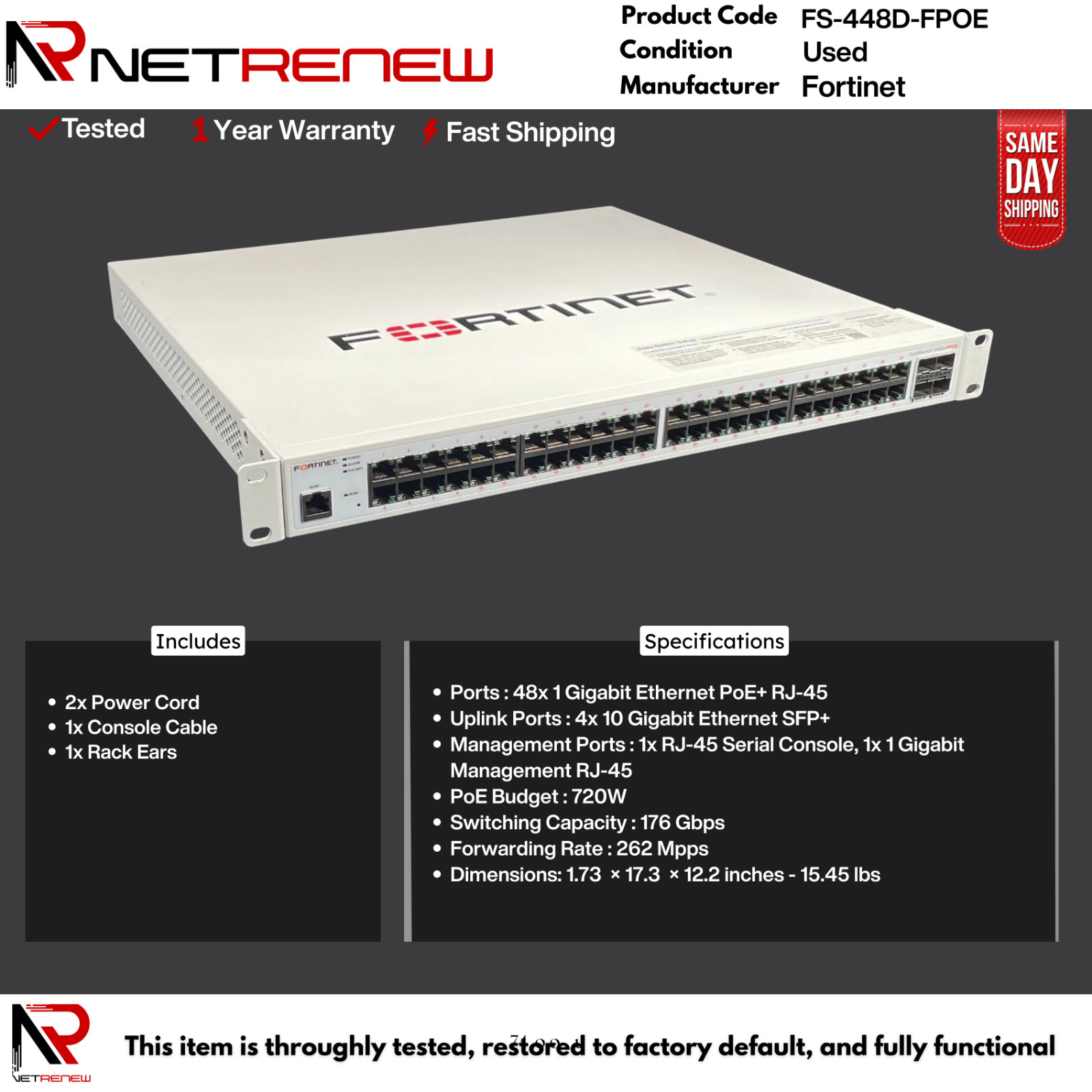 Fortinet FS-448D-FPOE FortiSwitch Managed  Ethernet 48Port PoE Switch
