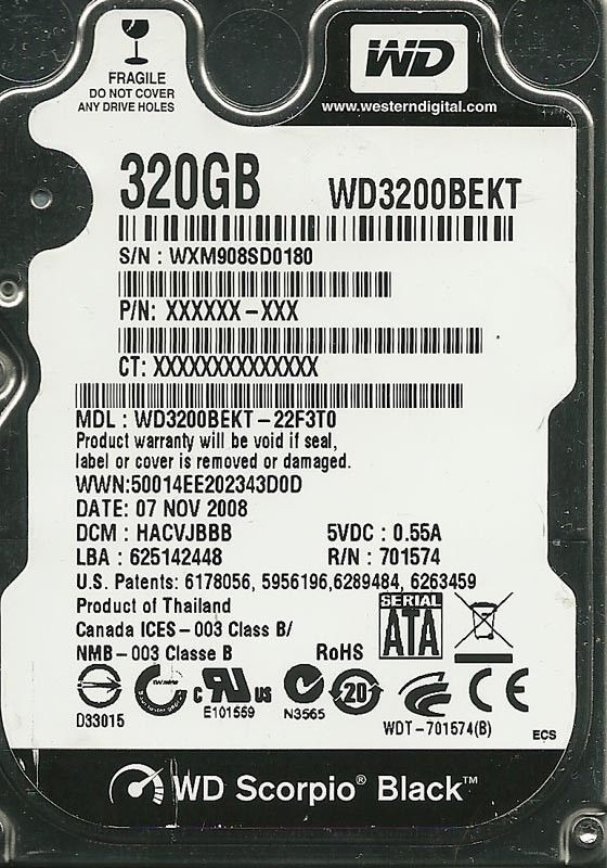 WESTERN DIGITAL 320GB WD3200BEKT-22F3T0 DCM: HACVJBBB