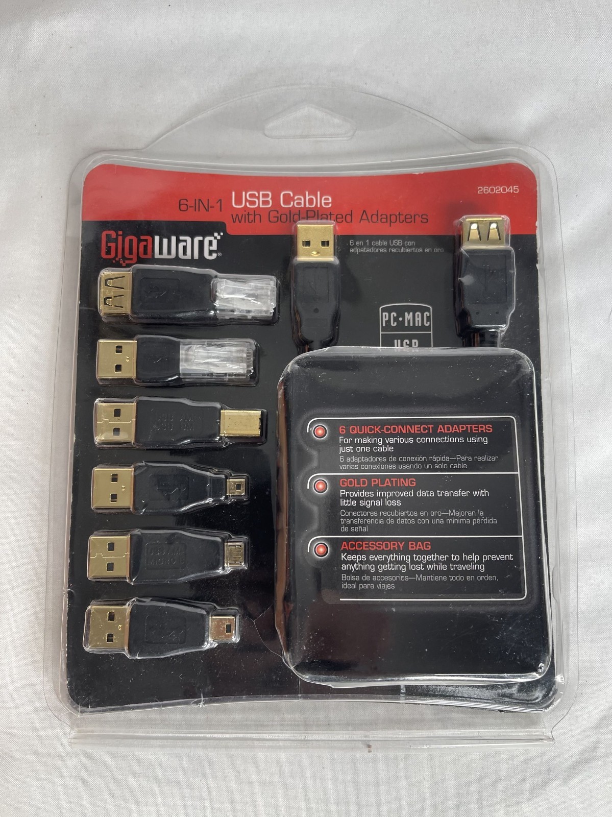 NEW GIGAWARE 6-IN-1 USB CABLE WITH GOLD PLATED ADAPTERS-PC-MAC-2602045
