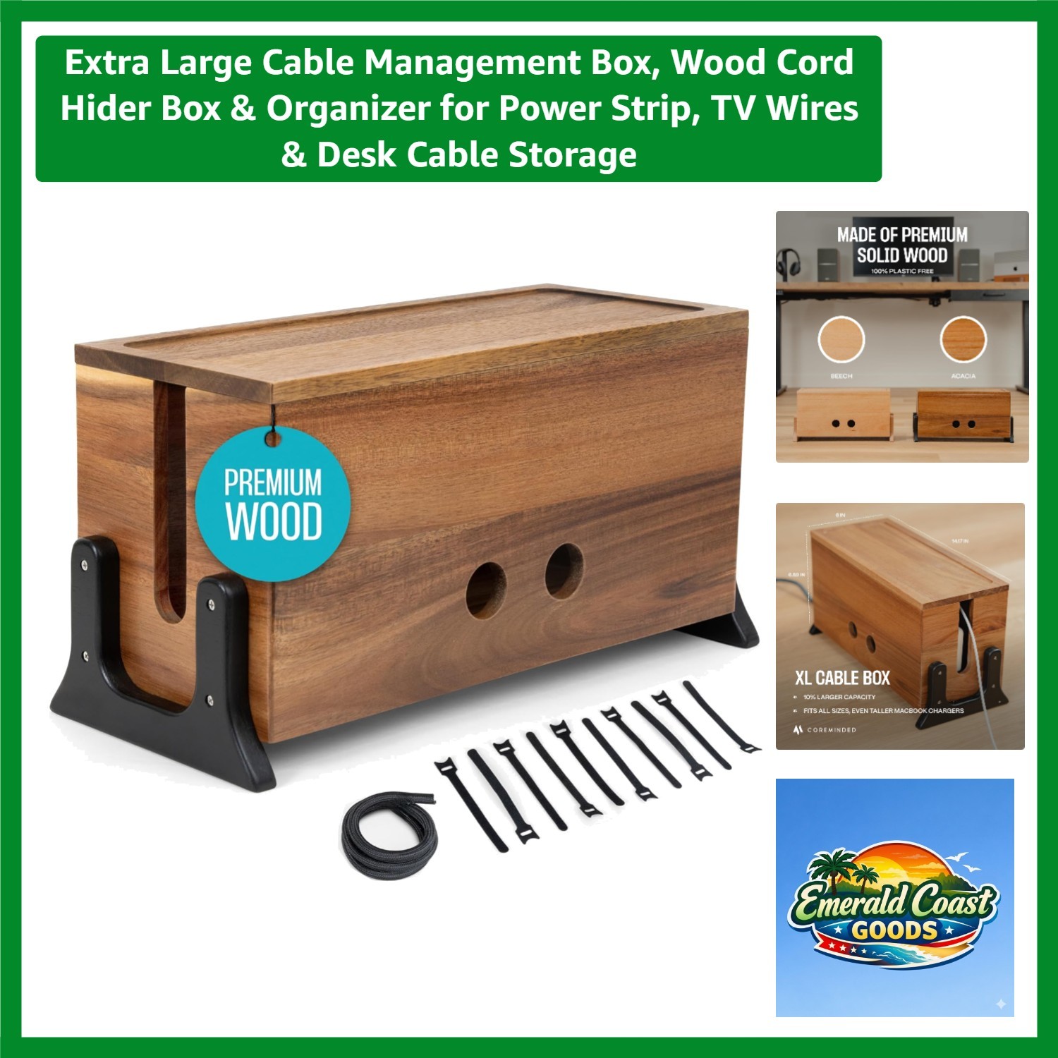 Extra Large Wood Cable Management Box with Magnetic Lid - Stylish Organizer