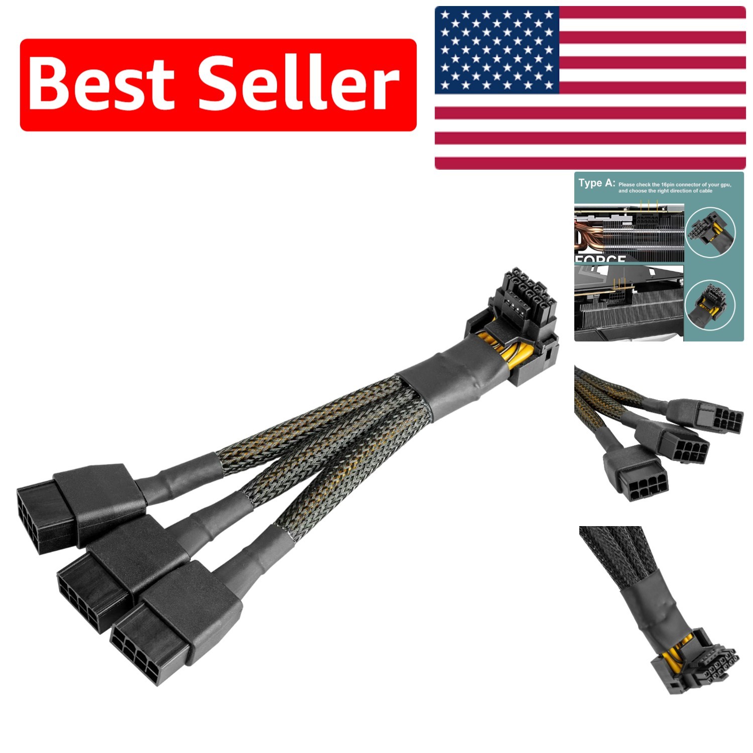High-Speed 16Pin to 3X 8Pin PCIe Power Cable for RTX 4090/4080 Graphics