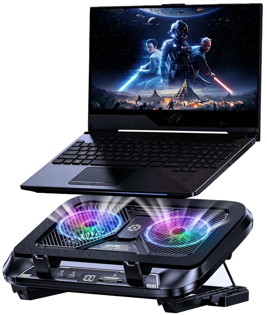 Dual Core Laptop Cooling Pad - 5.5in Turbofan, RGB, 5 Height Stands, Fast Coolin