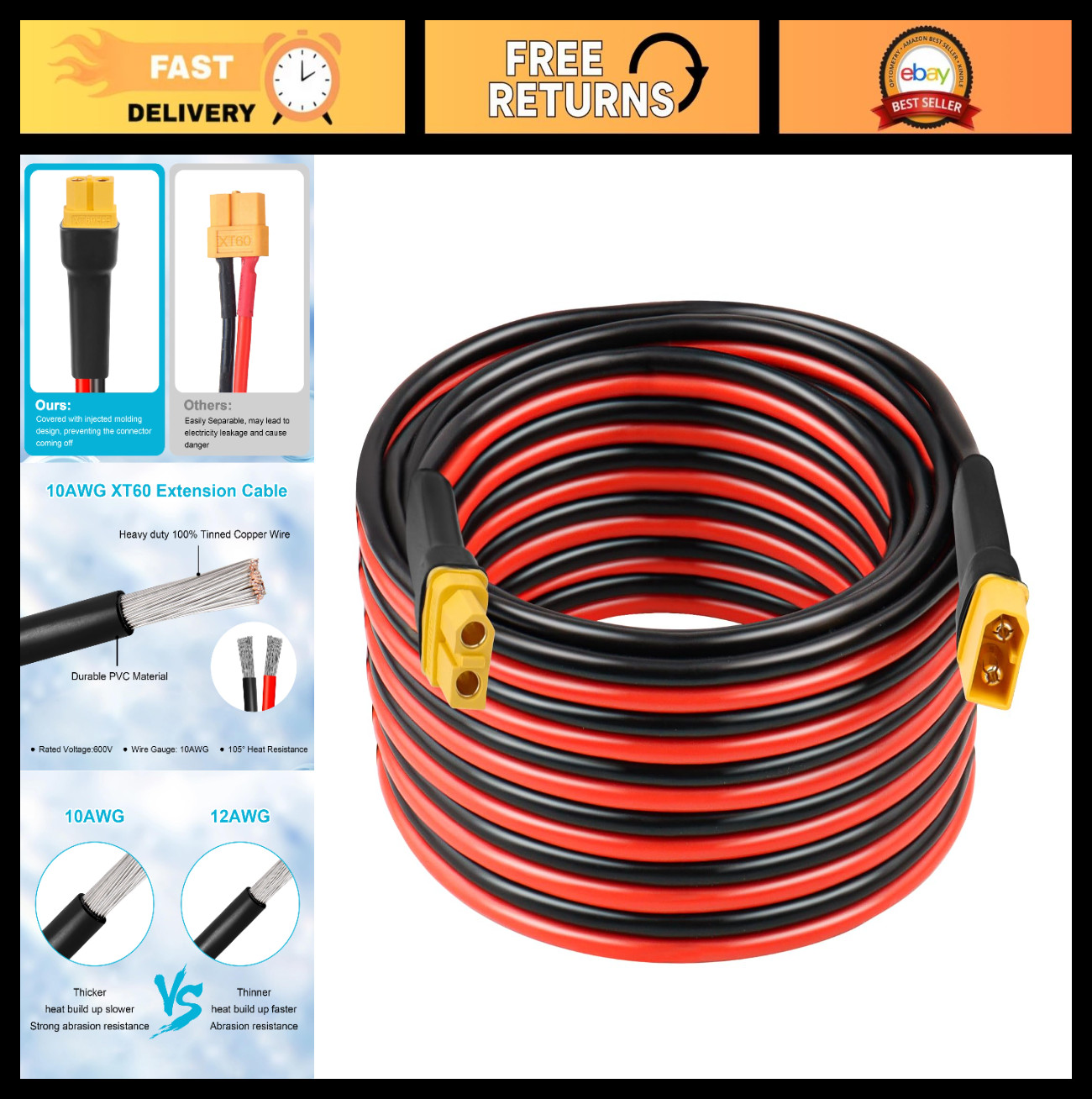 30FT 10AWG XT60 Extension Cable - Male to Female Connector for Solar, RC, Power