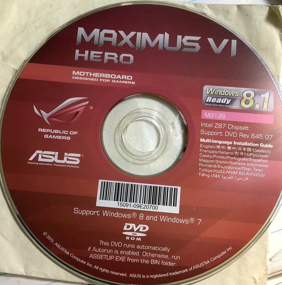 ASUS GENUINE MOTHERBOARD SUPPORT DISK  Maximus VI Hero GENE M3139 -DVD ROM