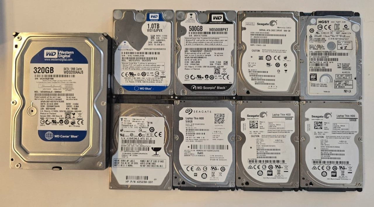 Lot of 9 Mixed Major Brand 2x 320GB 6x 500GB 1x 1TB Hard Drives SATA HDD