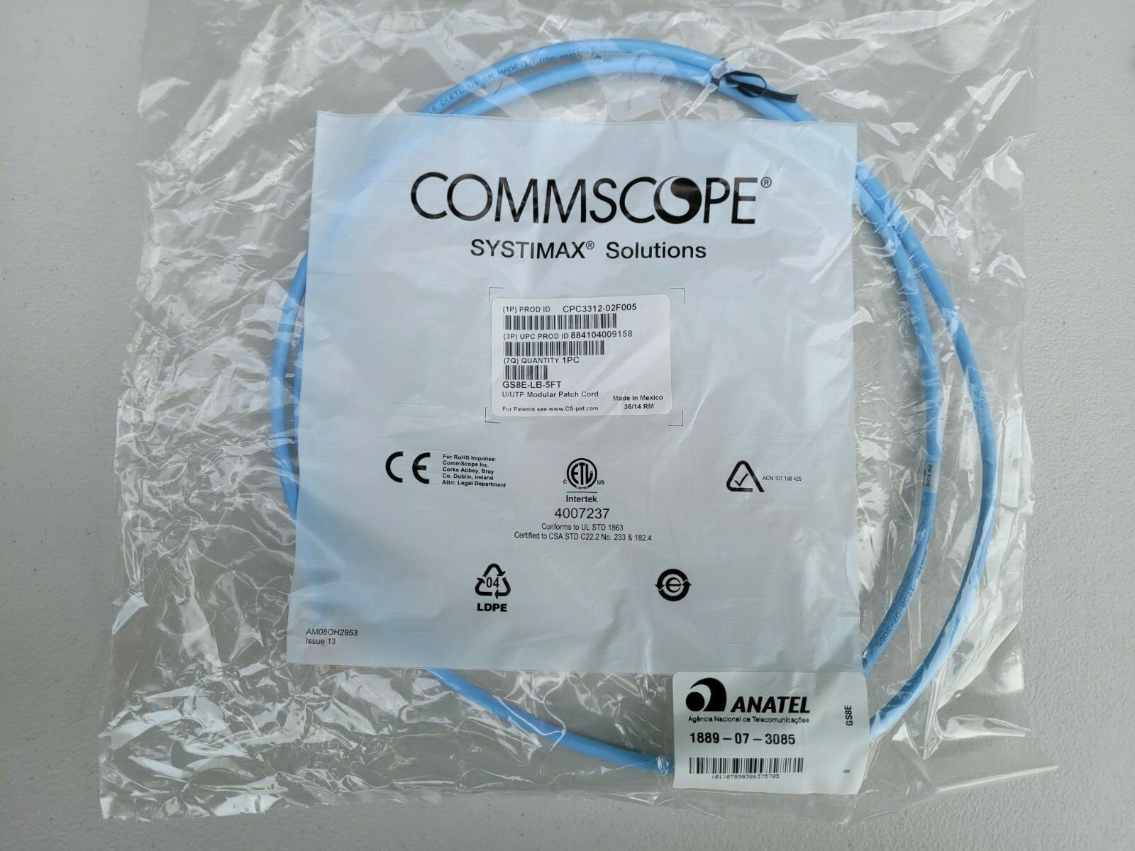 Lot of 5 Commscope Systimax 5FT Ethernet U/UTP Modular Patch Cords GS8E-LB-5FT