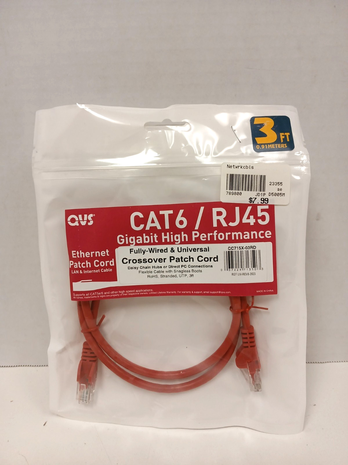 Set of 3 QVS CAT6/RJ45 Gigabit UTP Ethernet Crossover Patch Cord, 3ft