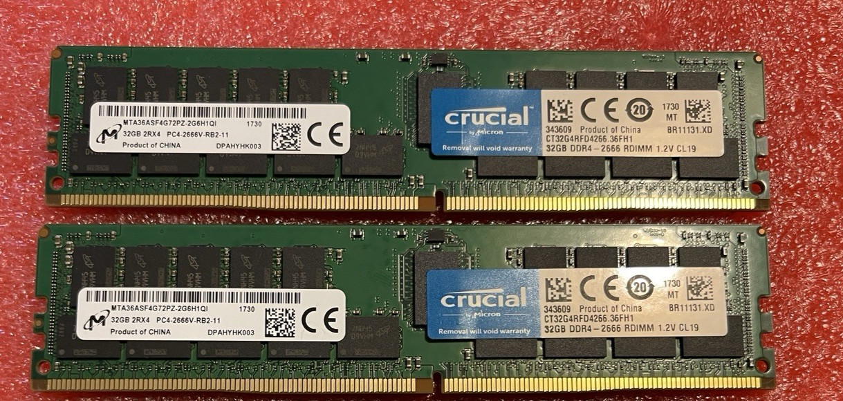 New Micron Crucial 64GB ( 2 X 32GB ) DDR4 2666MHz ECC Memory Ram CT32G4RFD4266
