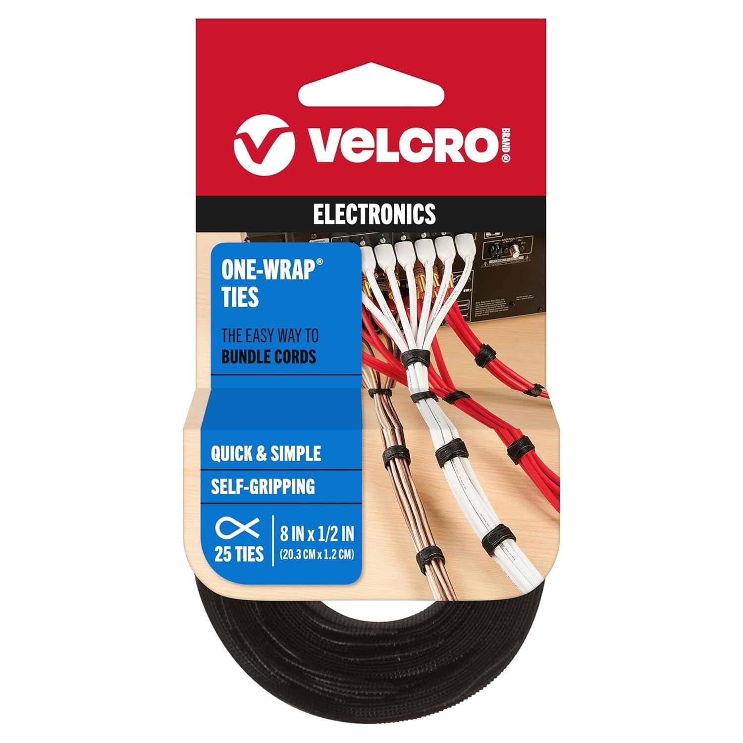 VELCRO Brand ONE-WRAP Cable Ties | 25Pk | 8 x 1/2" Black Cord Organization Strap