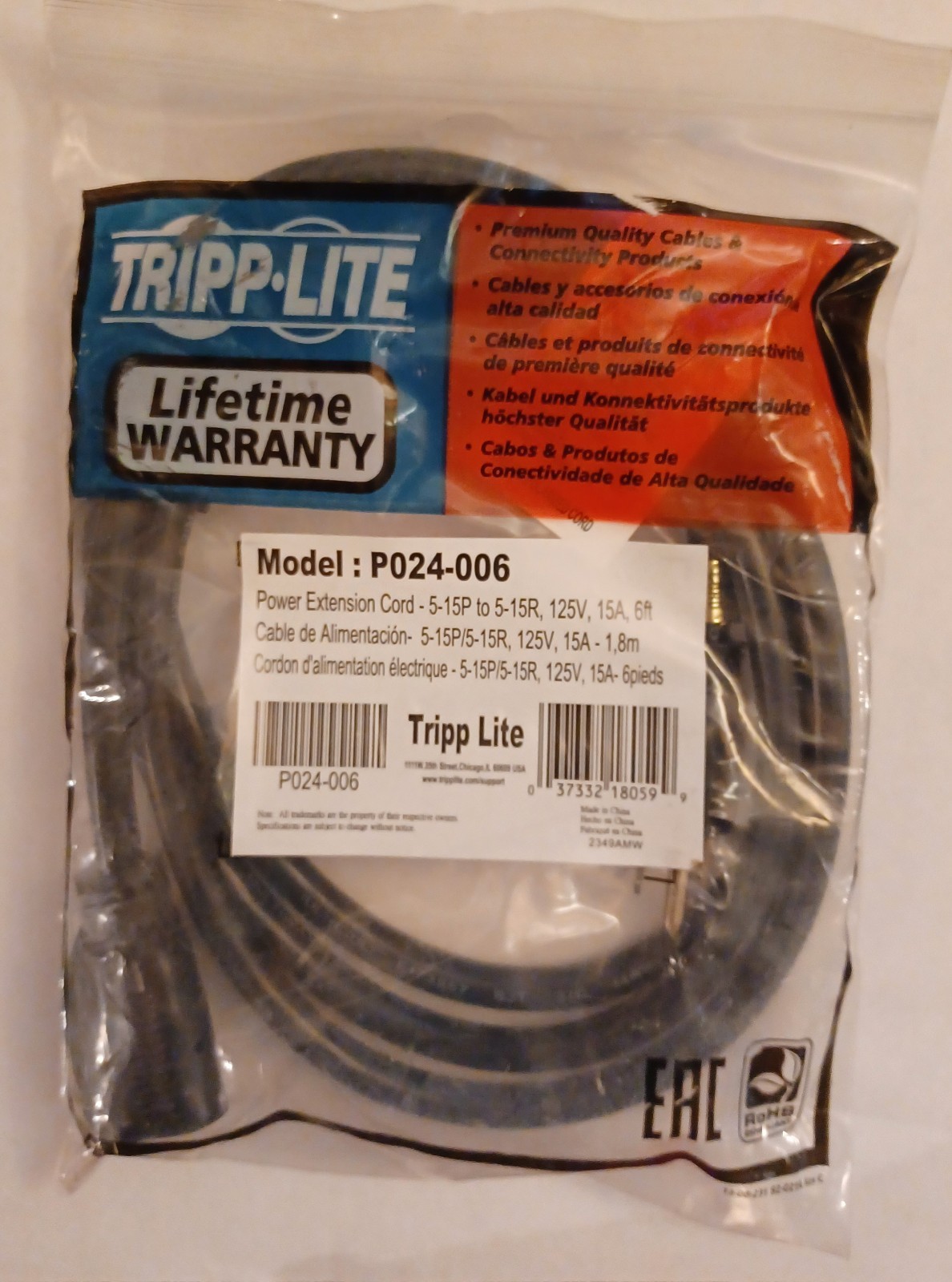 New TRIPP LITE Power Extension Cord Cable / Model P024-006 / 6Ft