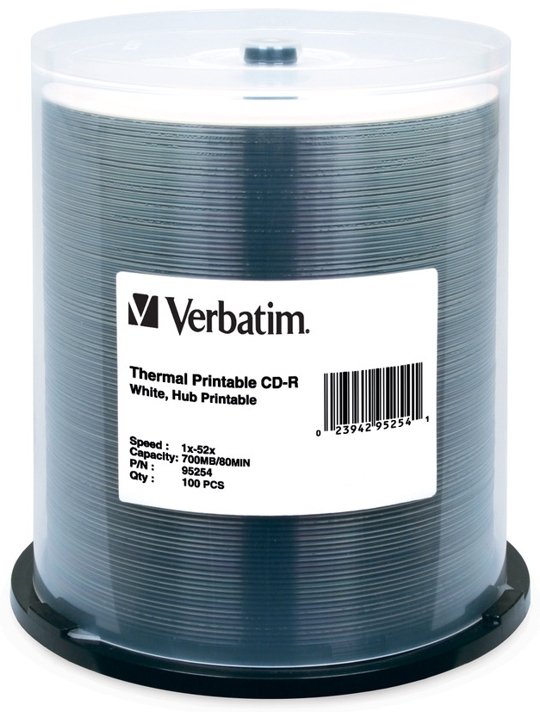 100-Pak VERBATIM White Thermal Hub Printable 52X 80-Minute CDR's, Verbatim 95254