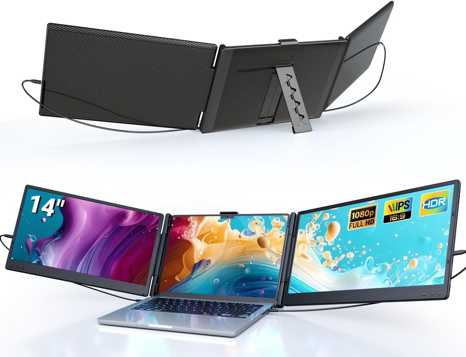 14'' Triple Laptop Screen Extender– 1080P FHD IPS Monitors for 13''–17'' Laptops