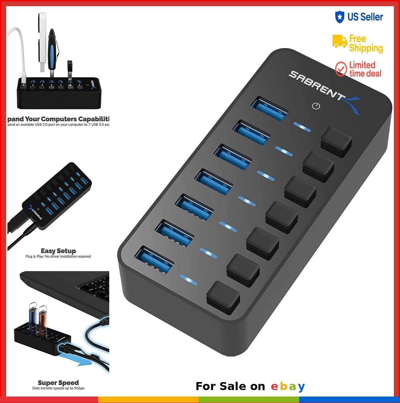 7 Port USB 3.0 Hub with Individual Power Switches and LEDs 36W Adapter
