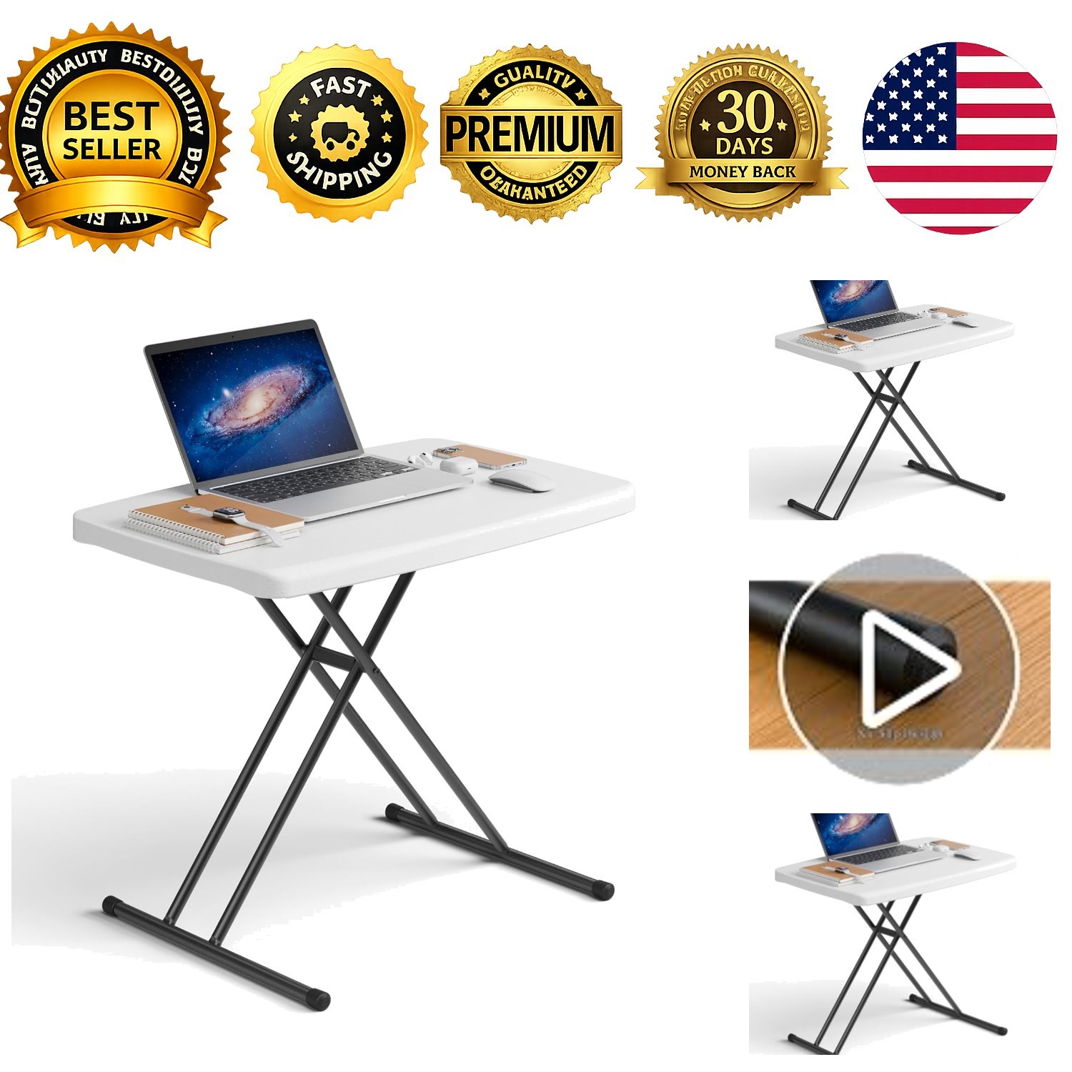 Folding Table 30 Inch Adjustable Height TV Tray Laptop Desk White Granite