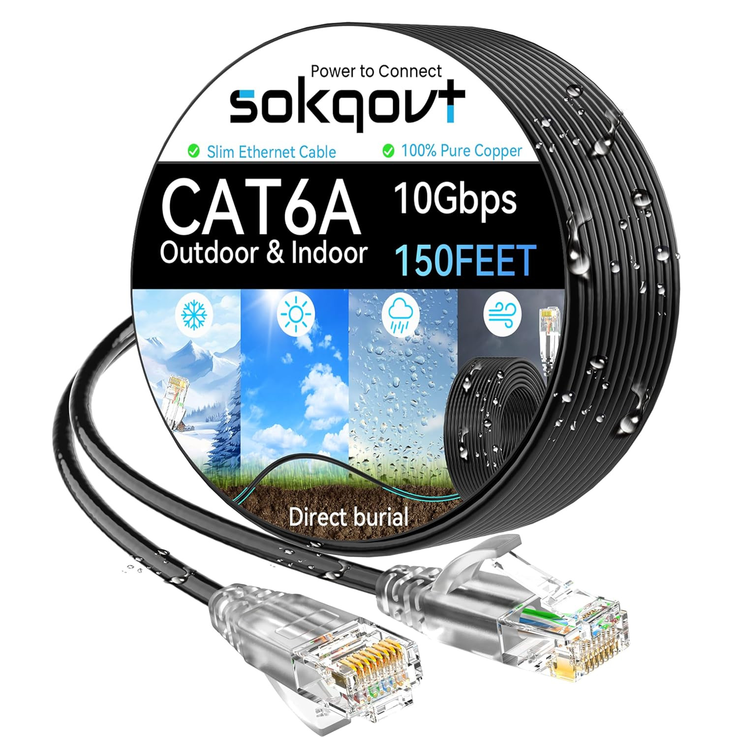 150Ft Cat6A Ethernet Cable 28AWG Copper 10Gbps 550MHz Outdoor Black Cable