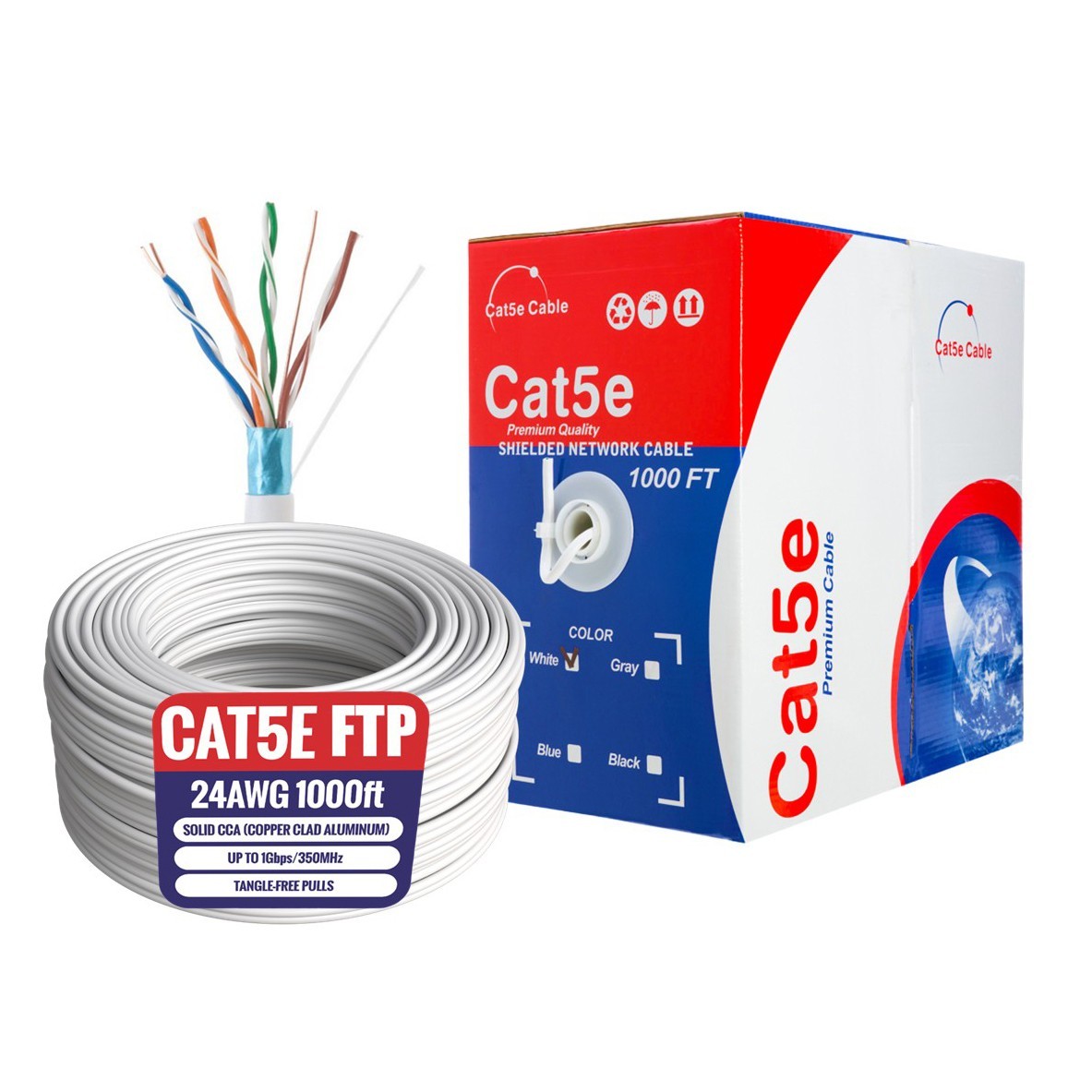 1000ft Cat5e FTP Ethernet Cable Network RJ45 24AWG Shielded Solid Wire White