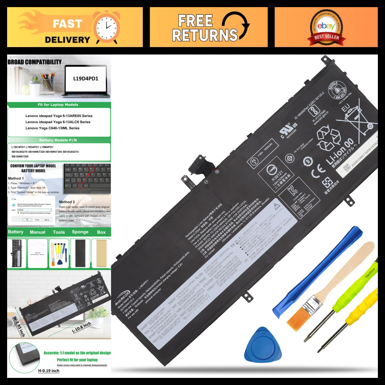 Battery Replacement for Lenovo Yoga C640-13IML LTE - L19C4PD1, High Capacity, Re