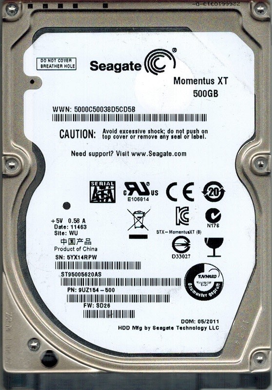 Seagate ST95005620AS P/N: 9UZ154-500 F/W: SD26 500GB WU