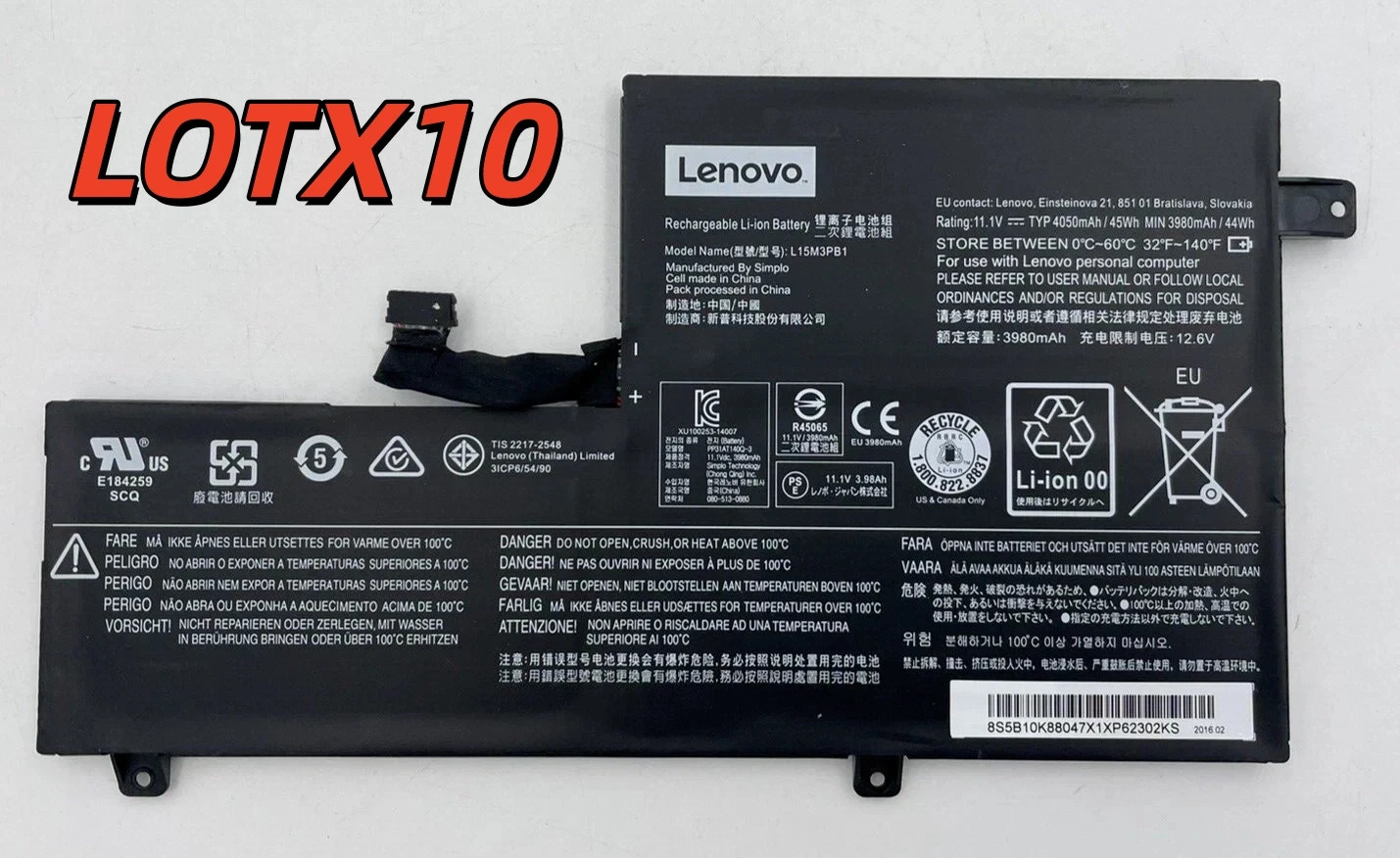 LOTX10 Lenovo N22 N23 N42 Li-ion Battery 11.1V 4050mAh / 45Wh L15L3PB1 L15M3PB1