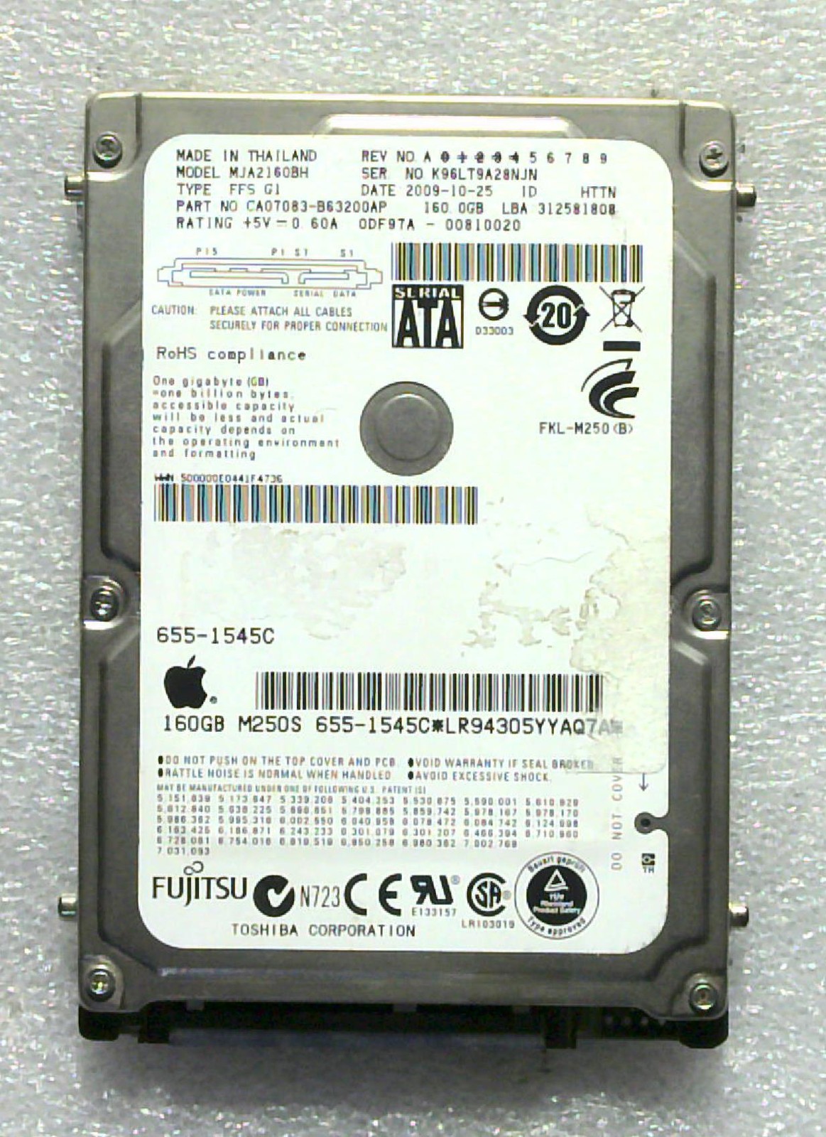 Fujitsu - MJA2160BH - 160GB - CA07083-B63200AP - SN: K96LT9A28NJN