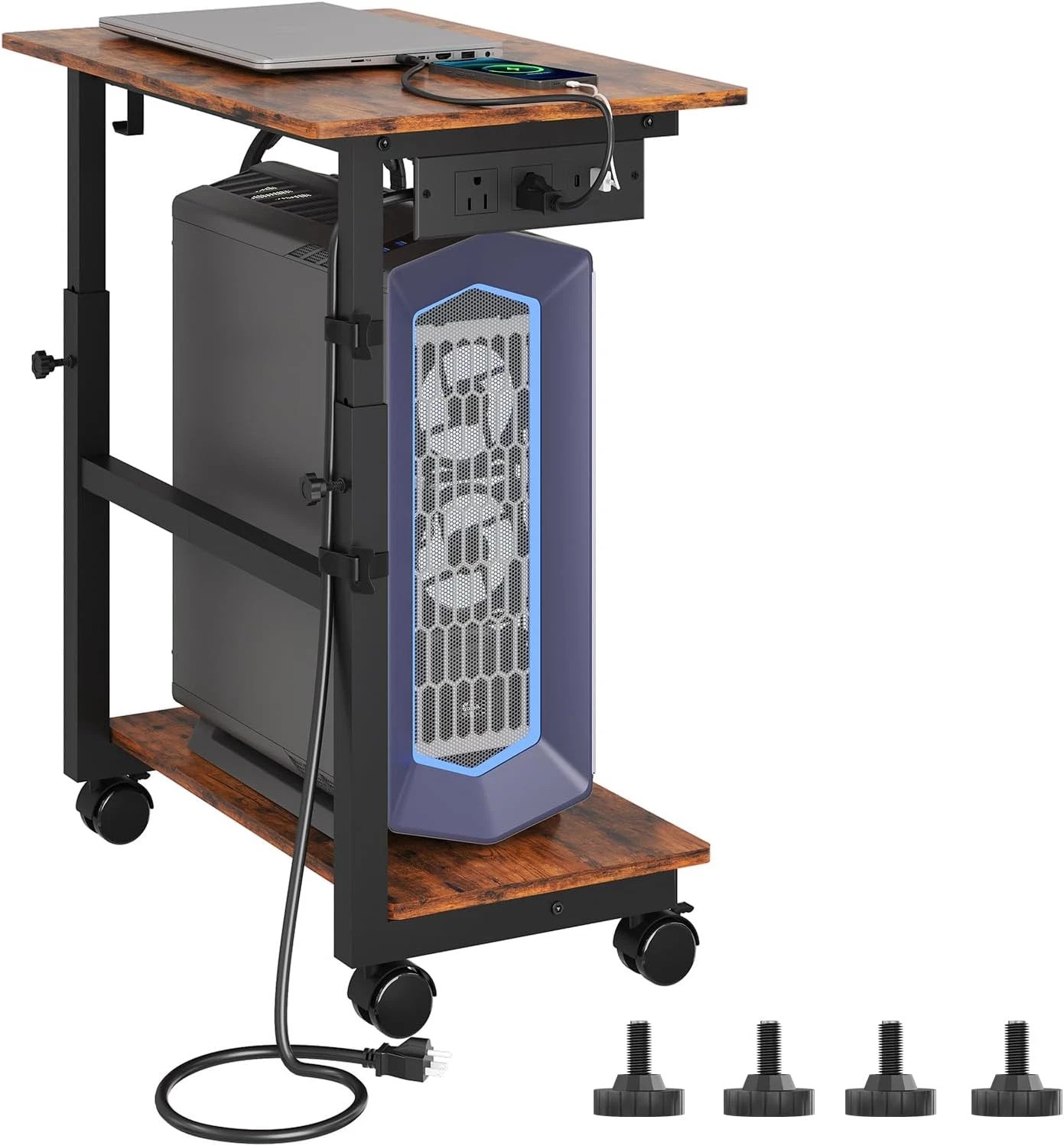Height Adjustable 2-Tier Computer Tower Stand with Power Outlet & Wheels - Brown