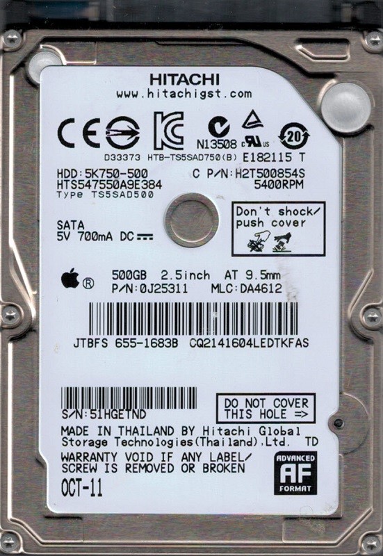 HTS547550A9E384 P/N: 0J25311 MLC: DA4612 MAC 655-1683B Hitachi 500GB
