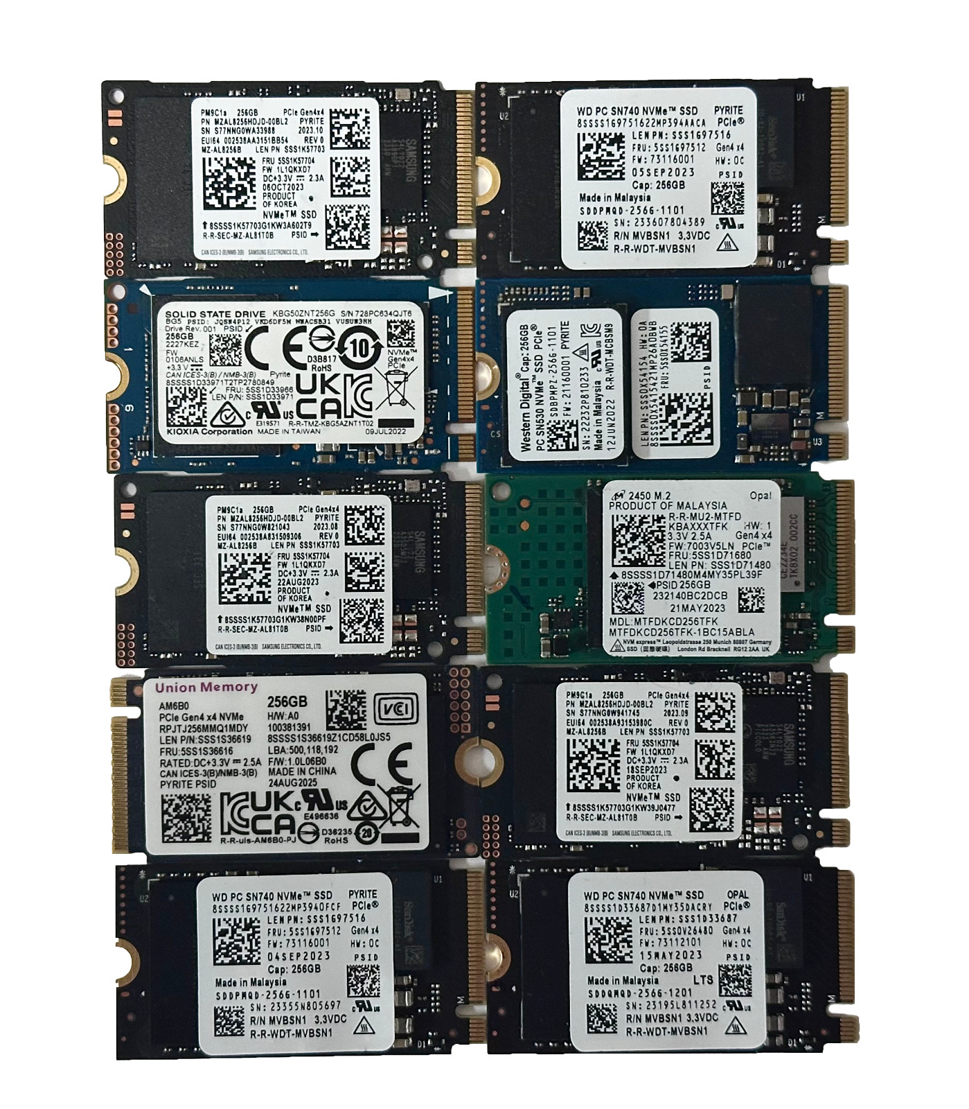LOT OF 10 - Mix Brand 256GB M.2 2242 PCIe Gen4 x4 NVMe SSD Lot Samsung WD Micron