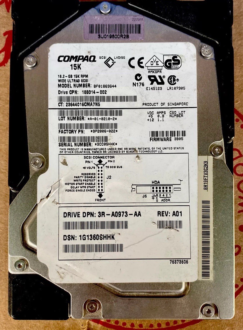 COMPAQ 9P2006-022 188014-002 BF01863644 18GB 15K WIDE ULTRA3 SCSI Hard drive