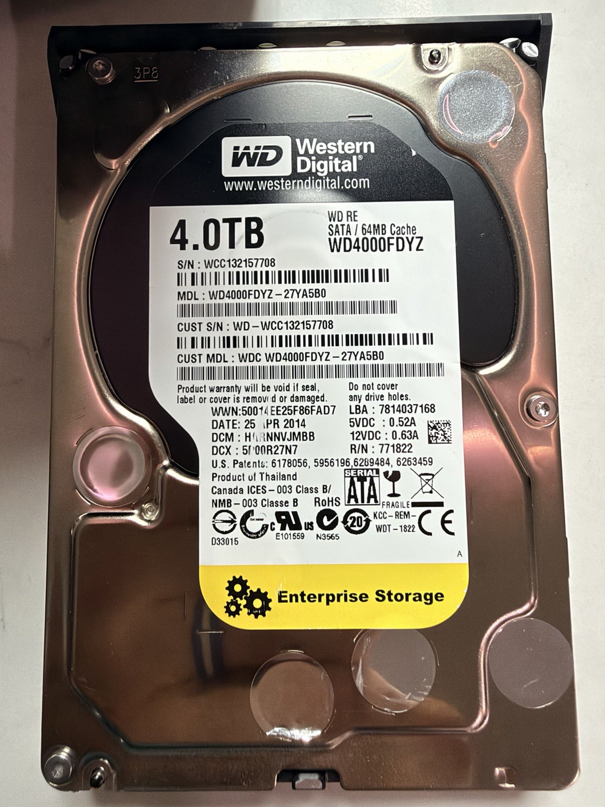 Western Digital RE WD4000FYYZ 4TB,Internal,7200 RPM SATA 3.5 inch HDD Hard Drive