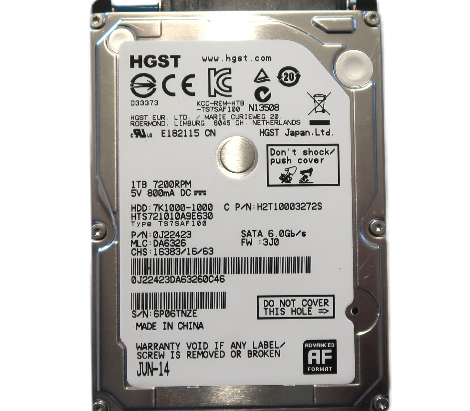 Hitachi HTS721010A9E630 0J22423 DA6326 (6P0) 2.5" 1TB Sata HDD China JUN-14