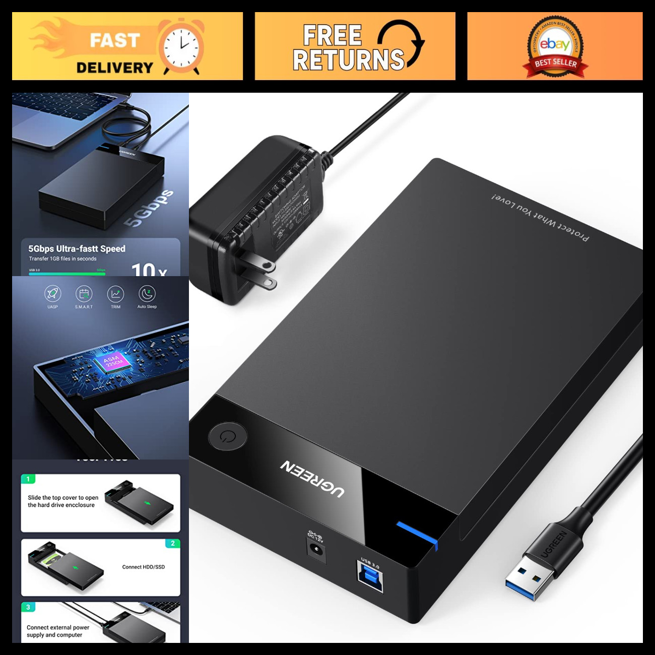 External Hard Drive Enclosure for 2.5/3.5-Inch SATA HDD/SSD - USB 3.0, Fast Tran