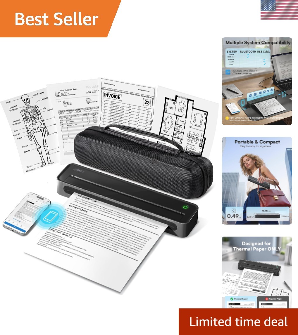 D90E Inkless Portable Thermal Printer with Case – 8.5" x 11", Black