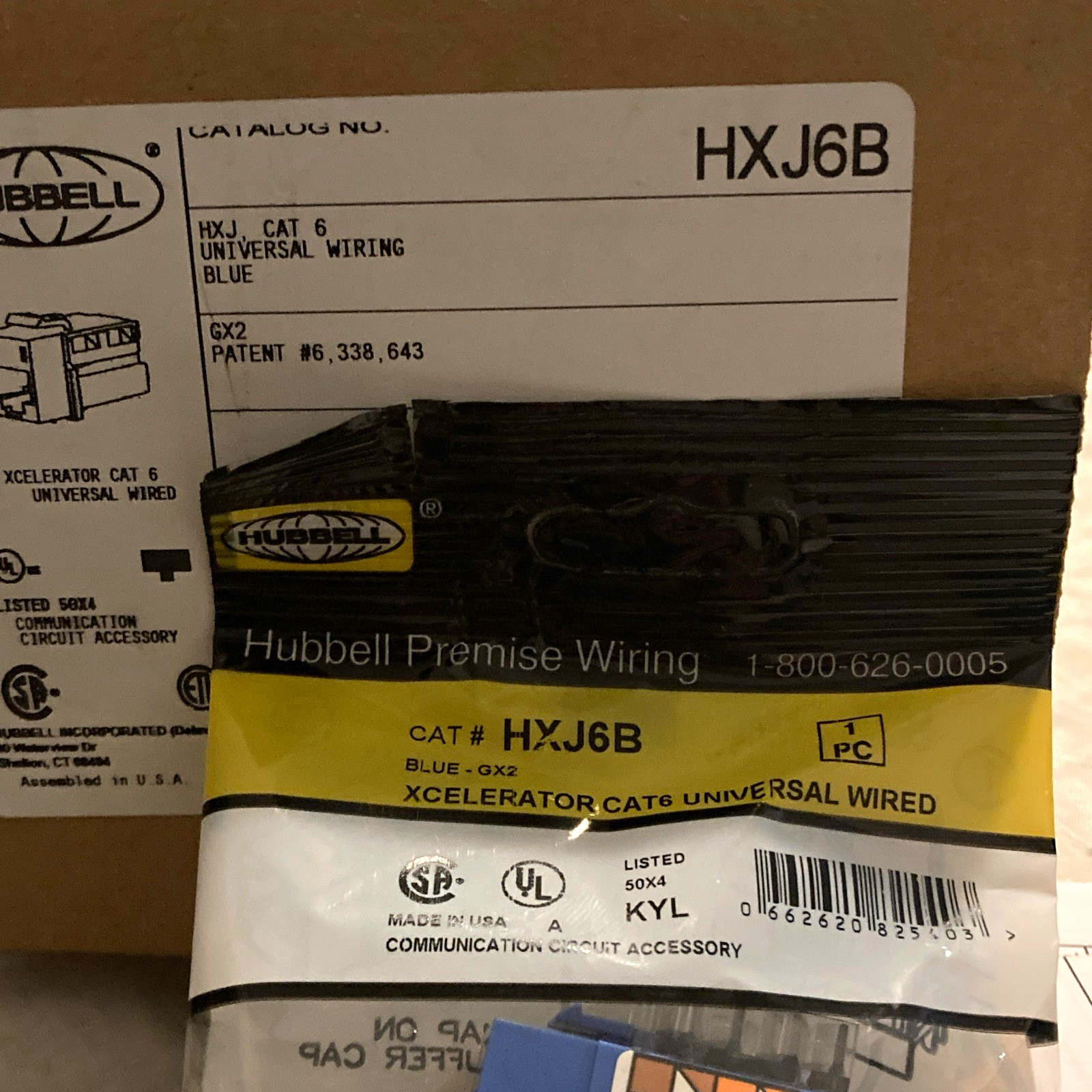 Hubbell HXJ6B Cat 6 Universal Wired GX2 RJ-45 Ethernet Female Jack, Blue