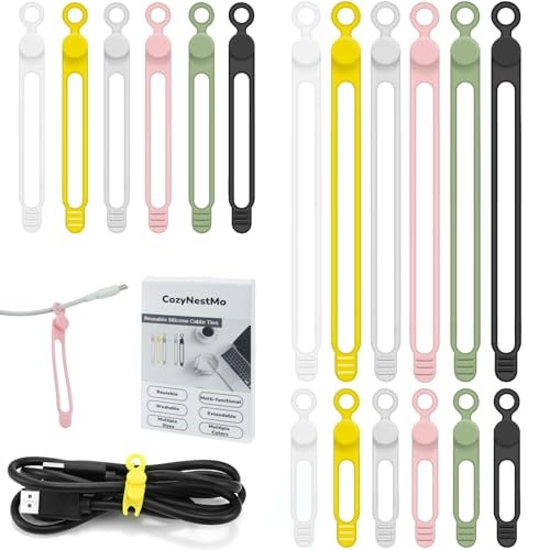 Silicone Cable Ties 4.2in+7.2in+3in 18pcs-[black/White/Gray/Pink/Green/Yellow]