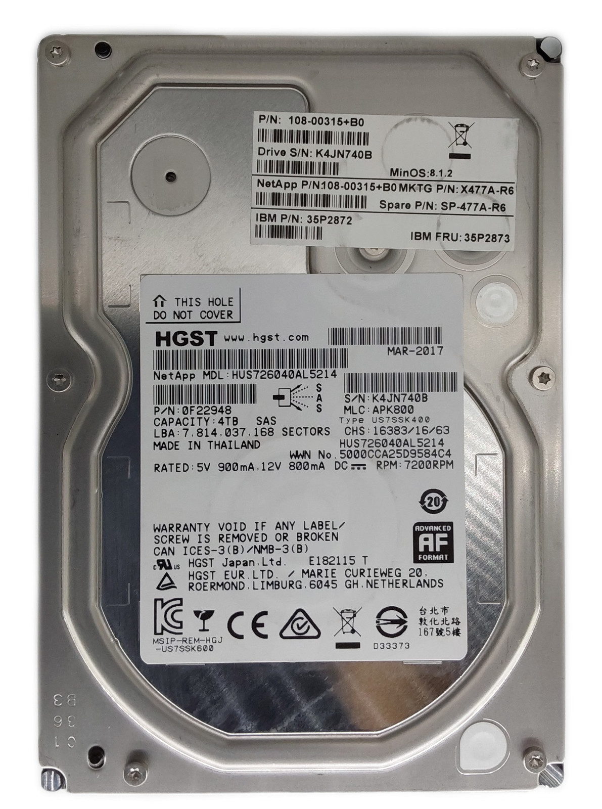 HGST / NetApp HUS726040AL5214 4TB 3.5" SAS-3 HDD