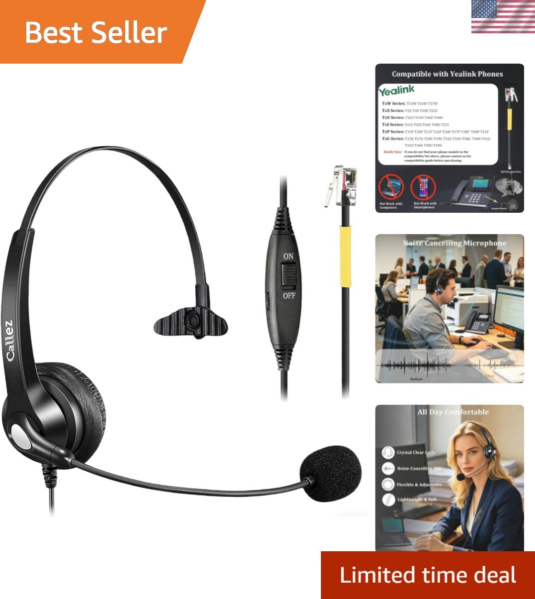 Yealink Compatible Mono Headset - Adjustable, Noise Cancelling for Clear Calls