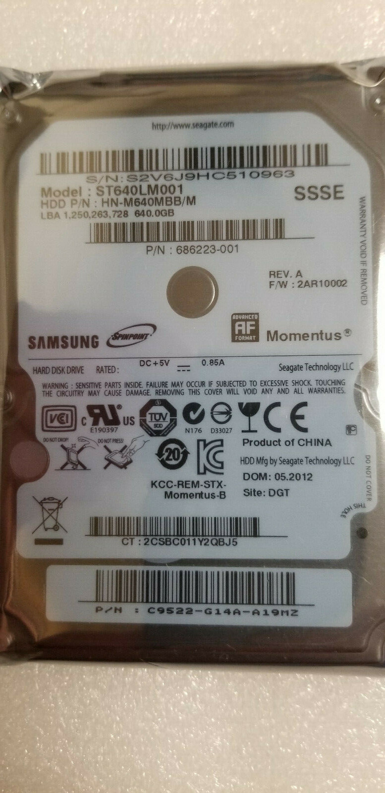 Samsung HN-M640MBB/M FW: 2AR10002 SSSE 640GB 2.5" Hard Drive ST640LM001