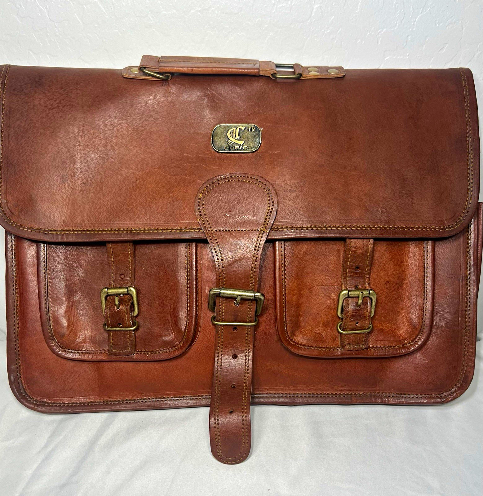 Cuero Genuine Leather Briefcase Messenger Laptop Bag Satchel Brown w/ Strap