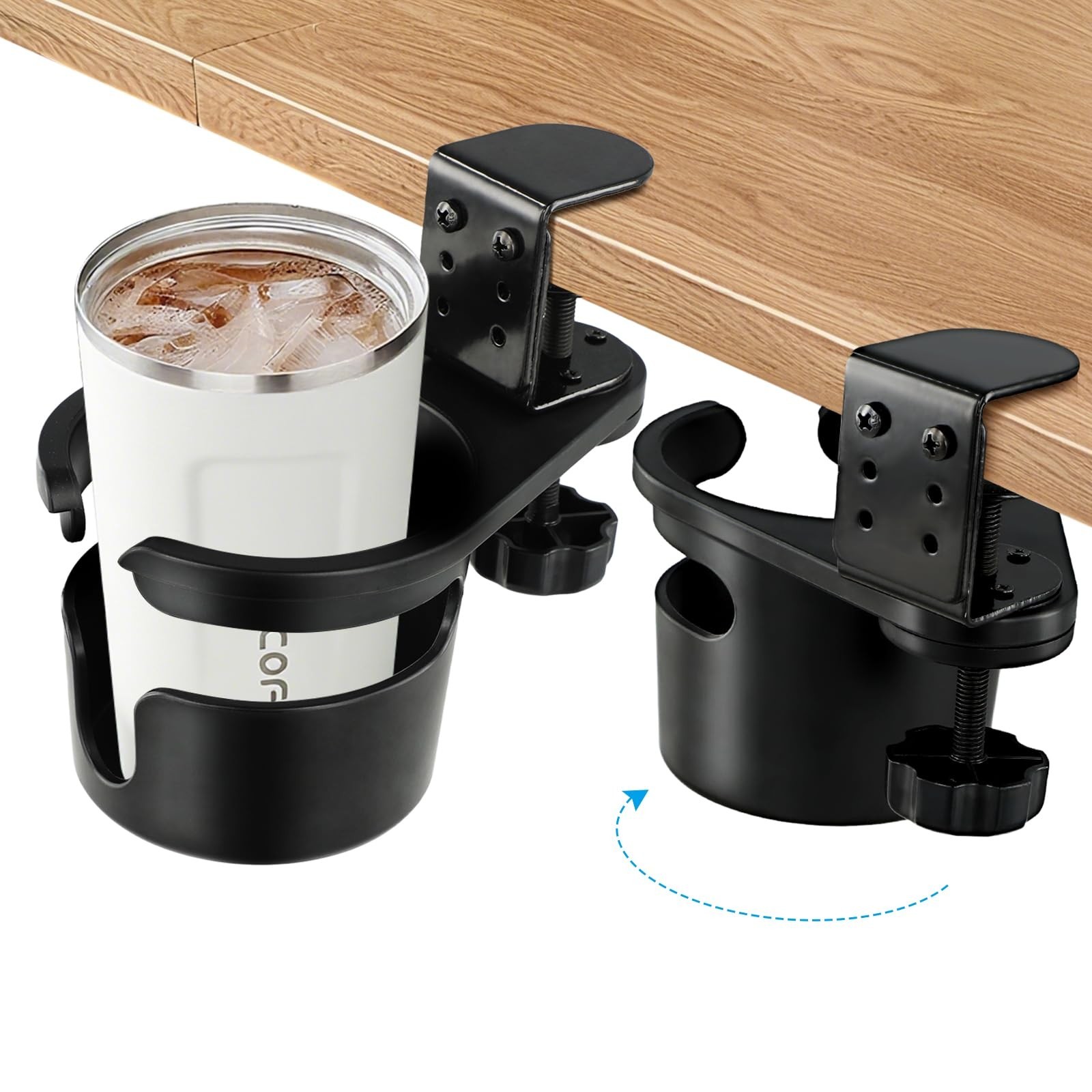 Upgraded Deeper Desk Cup Holder with 360° Rotation, Clamp Mount Design, Met