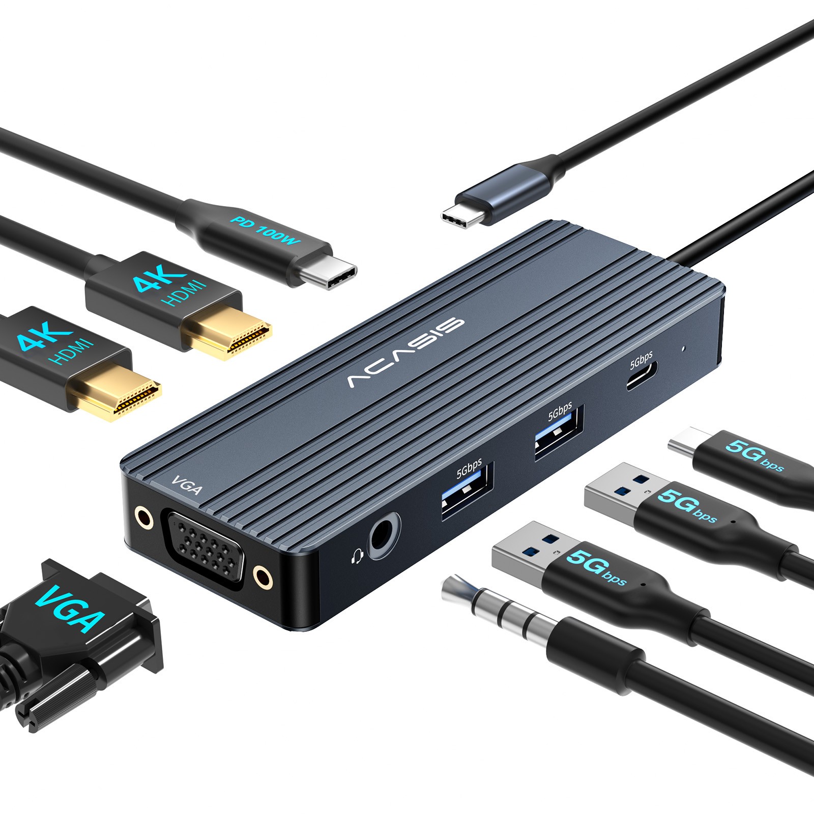 ACASIS 8-in-1 USB C Hub Docking Station Dual Monitors Dual HDMI +VGA for Laptop