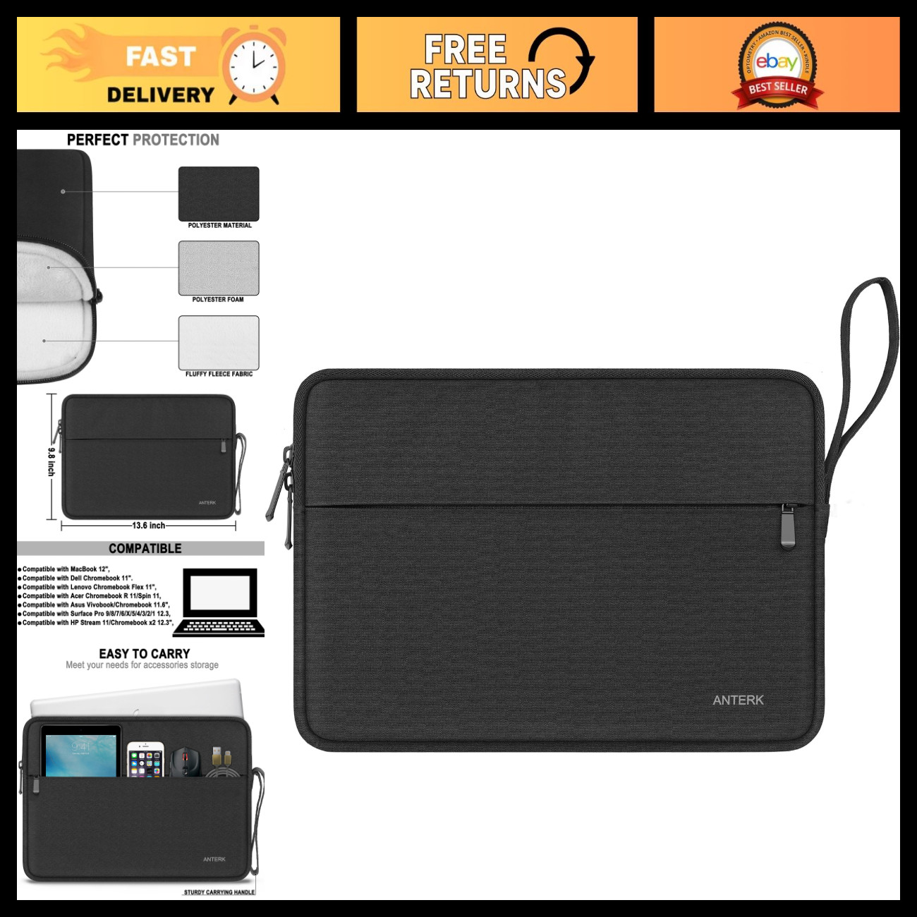 Water Resistant 13 Inch Laptop Sleeve, Travel Computer Case with Handle