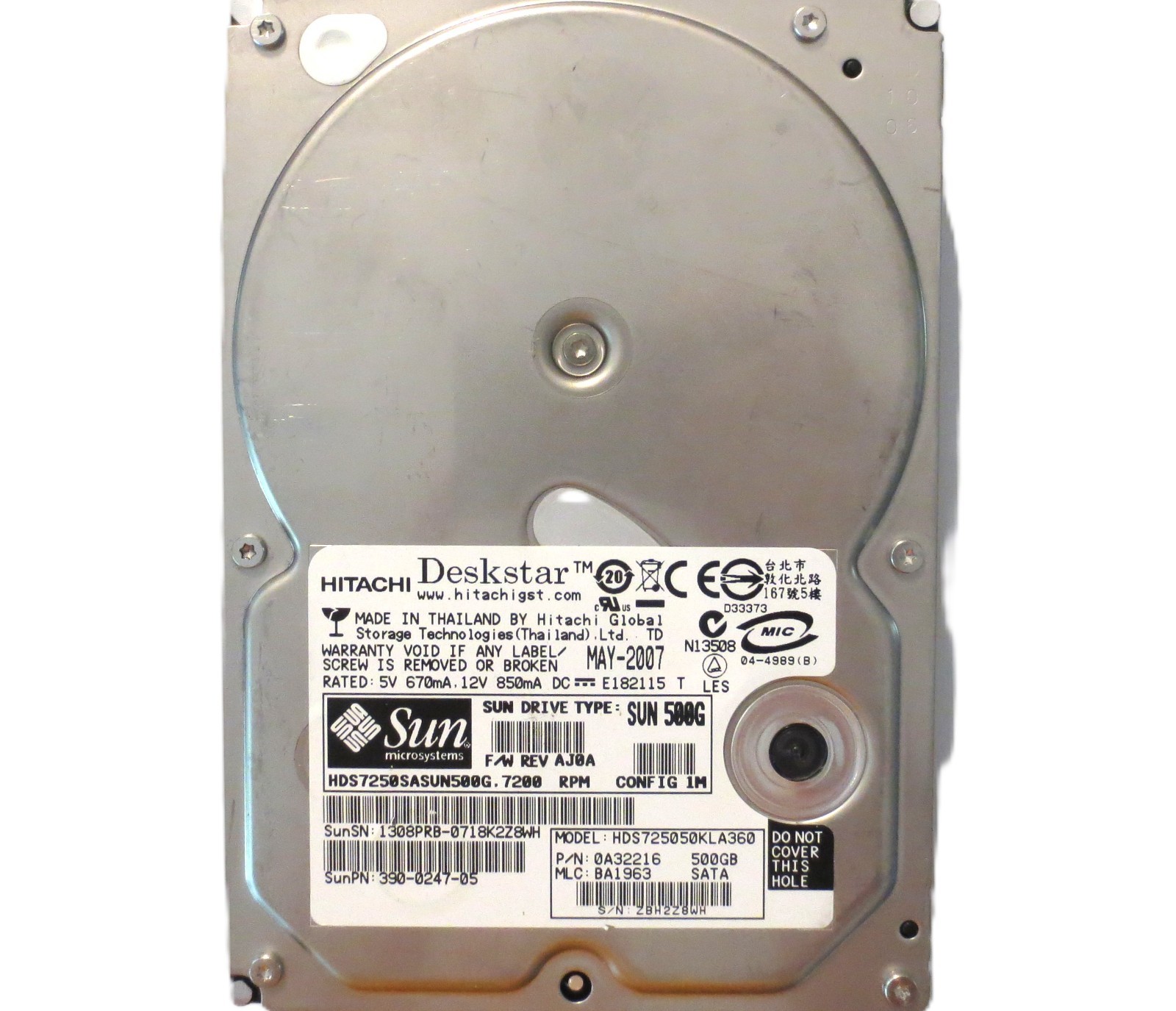 Hitachi HDS725050KLA360 0A32216 BA1963 Thailand 3.5" 500gb Sata HDD 2007