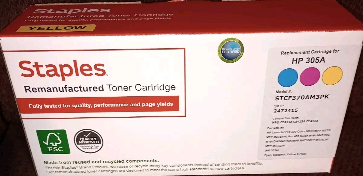Staples  Toner Cartridge Replacement for HP 305A (Yellow) CE412A Open Box 