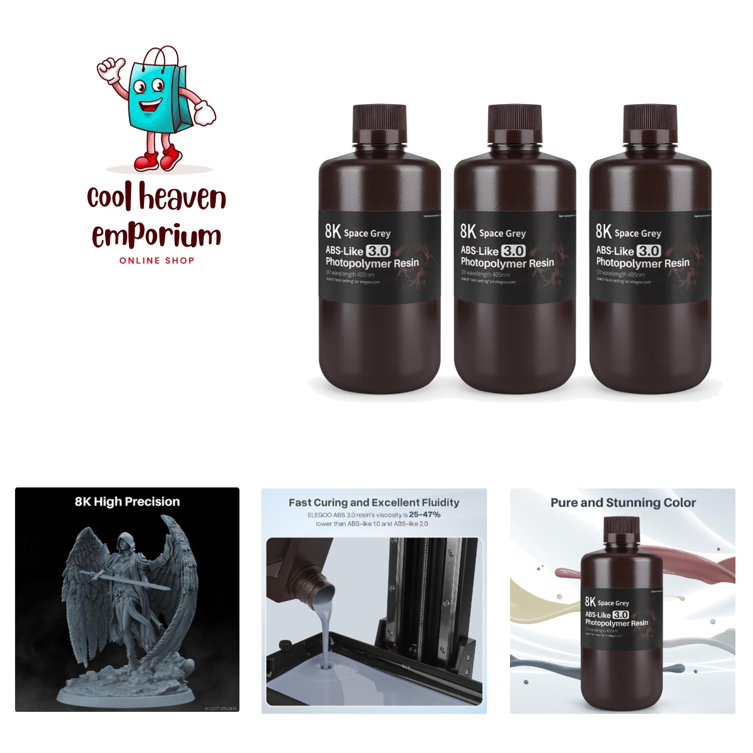 ELEGOO 8K ABS-Like Resin 3.0, Photopolymer Resin Space Grey 3000G