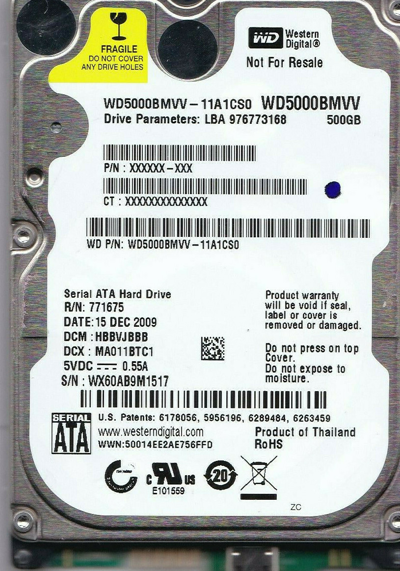 WD5000BMVV-11A1CS0 dcm: HBBVJBBB s/n: WX60AB  2009 Thailand 500GB USB 2.0 B23-07