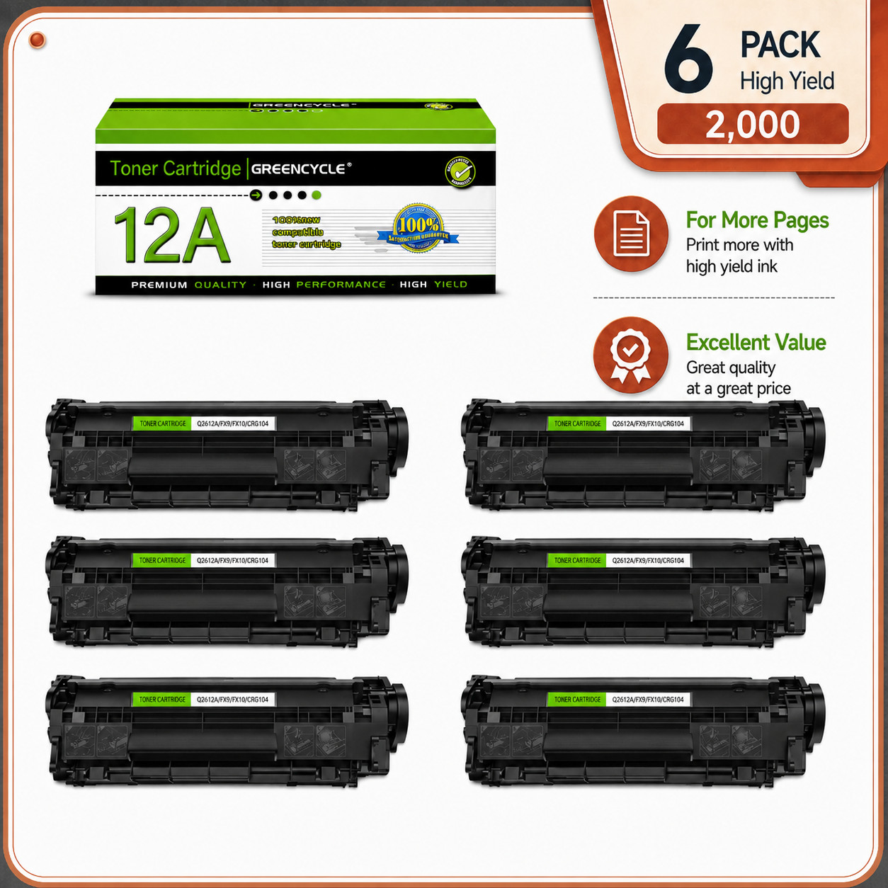 6 PACK Q2612A Replace For HP 12A Toner Cartridge LaserJet M1005f MFP M1319f MFP