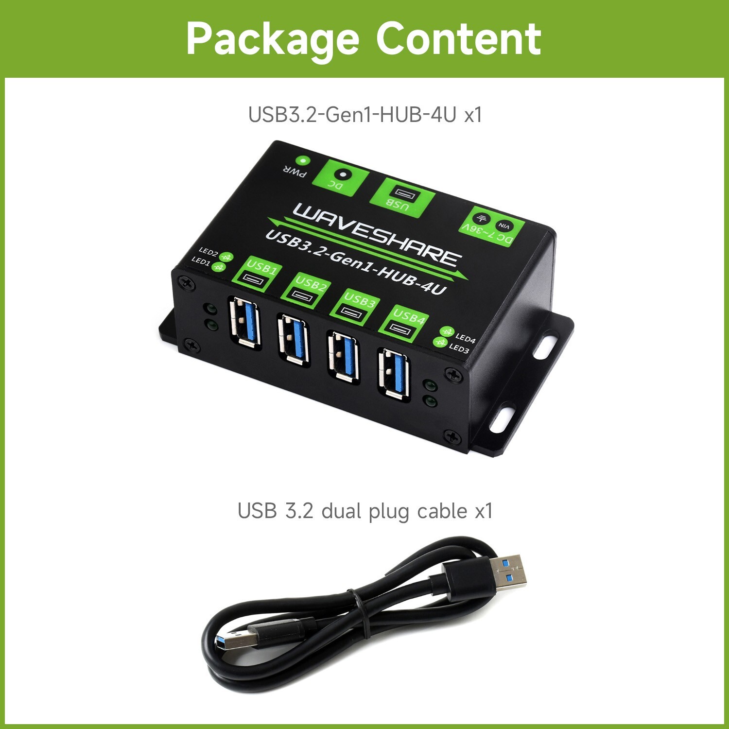Waveshare 4-Ch USB 3.2 Gen1 HUB Metal Case With Wall-Mount Driver-Free Windows