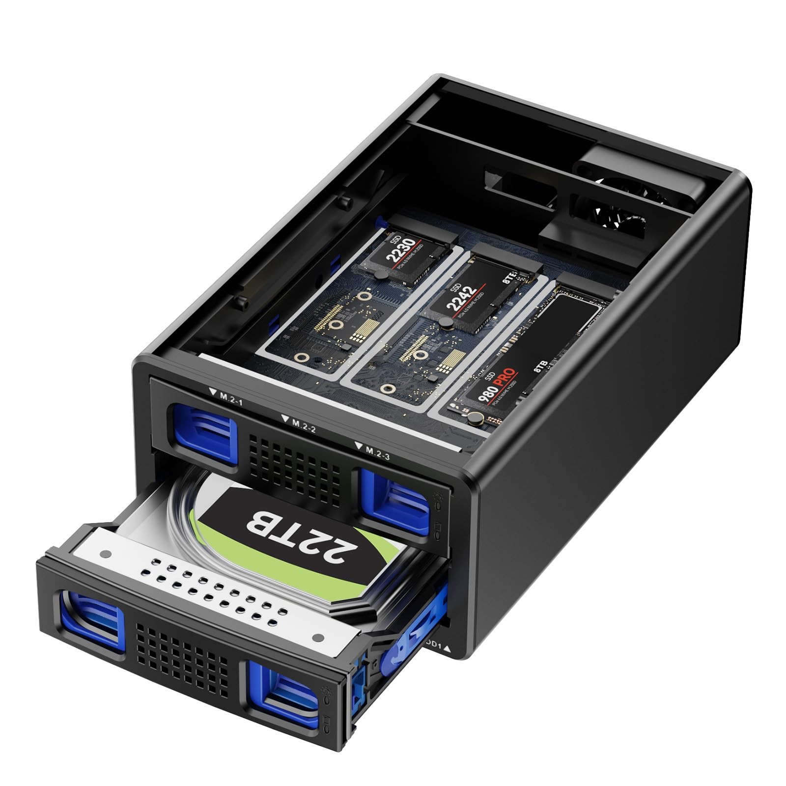 CENMATE Hybrid 2.5/3.5" SATA HDD/SSD+3* M / B+M Key M.2 NVMe 4 bay, Black